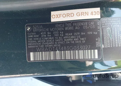 2003 BMW 525Ia из США, поврежденный, VIN WBADT43483G033027